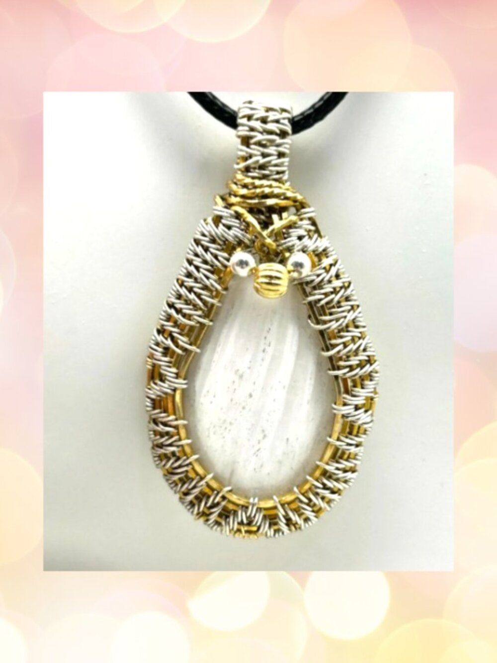Handmade Wire Wrapped Scolecite Pendant, Dual Metal Necklace